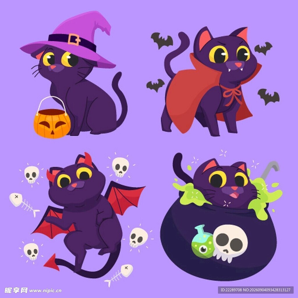 万圣节黑猫魔法主题插画