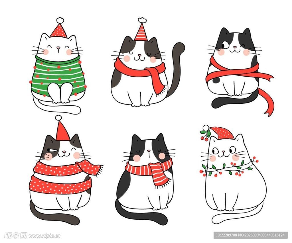 可爱猫咪冬日装扮插画