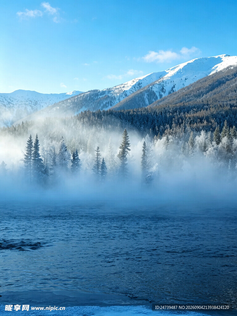 山间晨雾中的森林与雪山