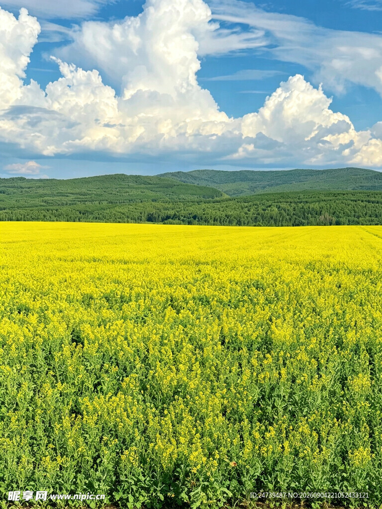 金黄油菜花海蓝天白云景