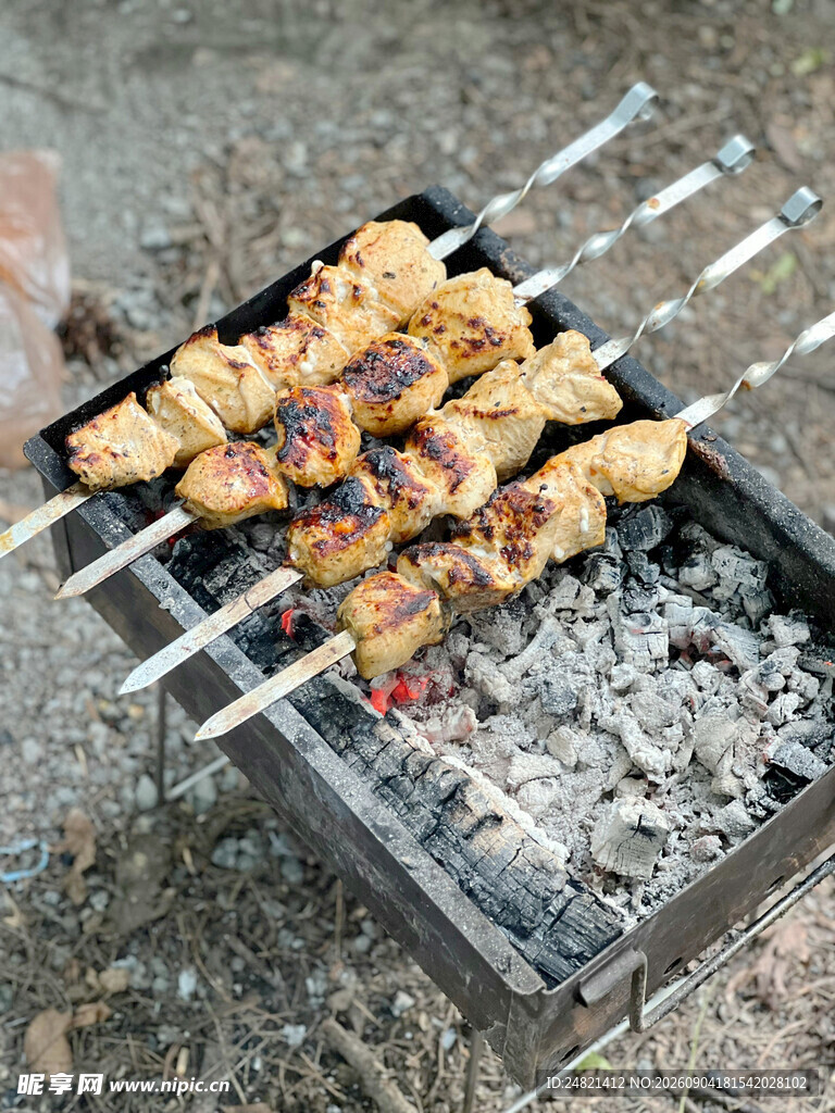 户外炭火烤肉串