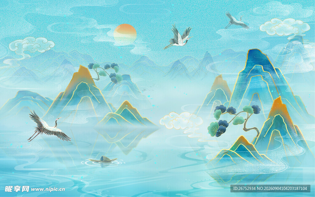 水墨山水间飞鸟伴日景