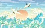 海浪飞鸟伴日出美景