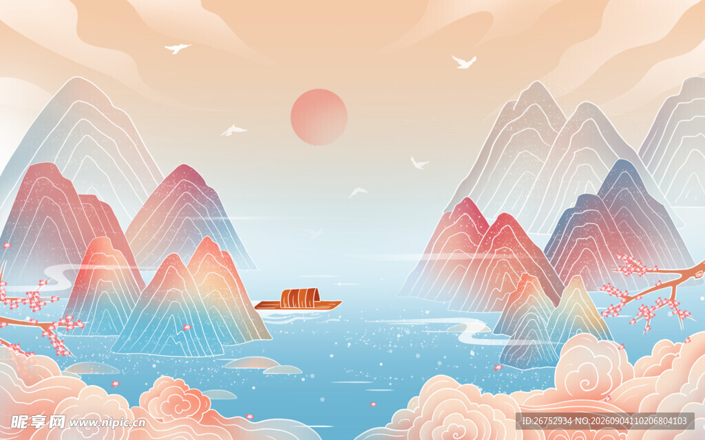 海上日出伴群山美景