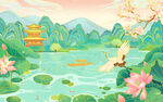 中式山水荷花飞鸟美景图