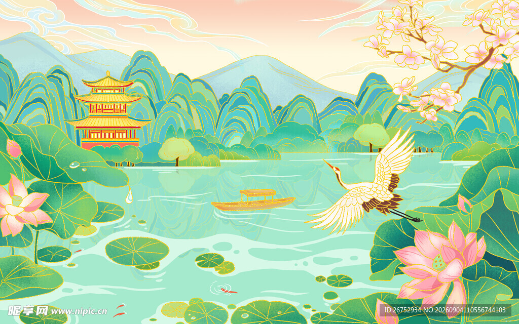 中式山水荷花飞鸟美景图