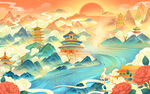 古风山水楼阁日出美景