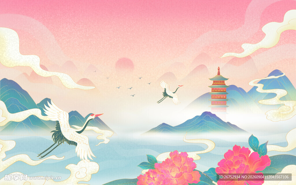 梦幻国风山水花鸟图景
