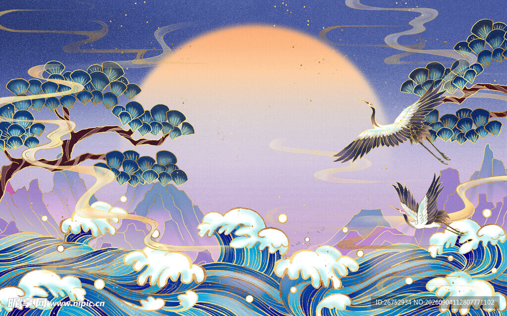 日式浮世绘风格海浪风景图