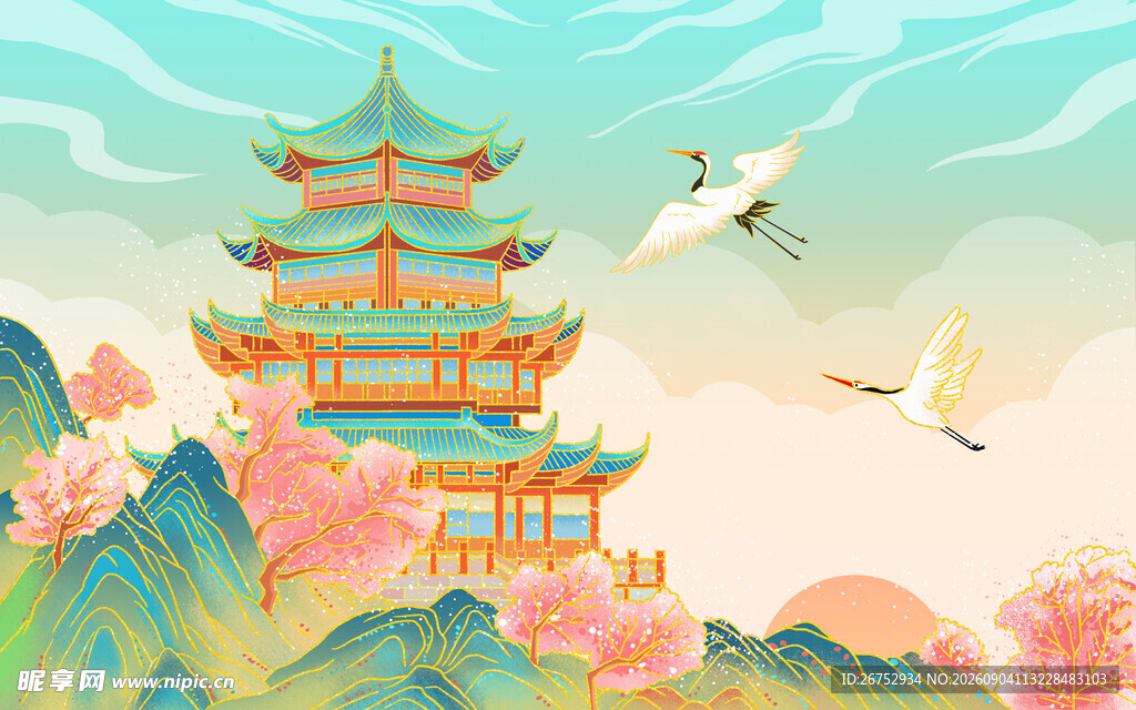 古风楼阁与飞鸟山水图景