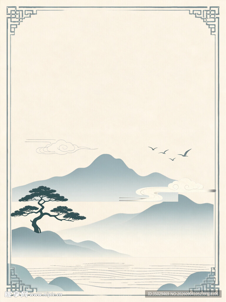 水墨山水间的孤松飞鸟