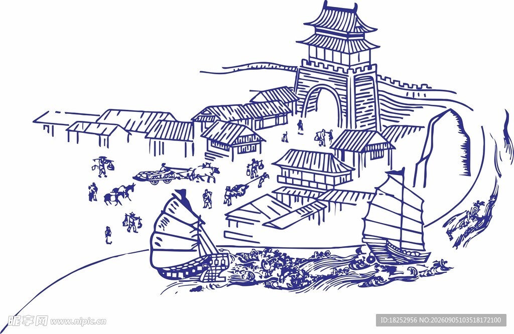 手绘古风建筑景观图