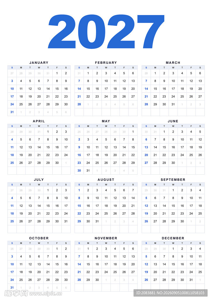 2027年日历模板