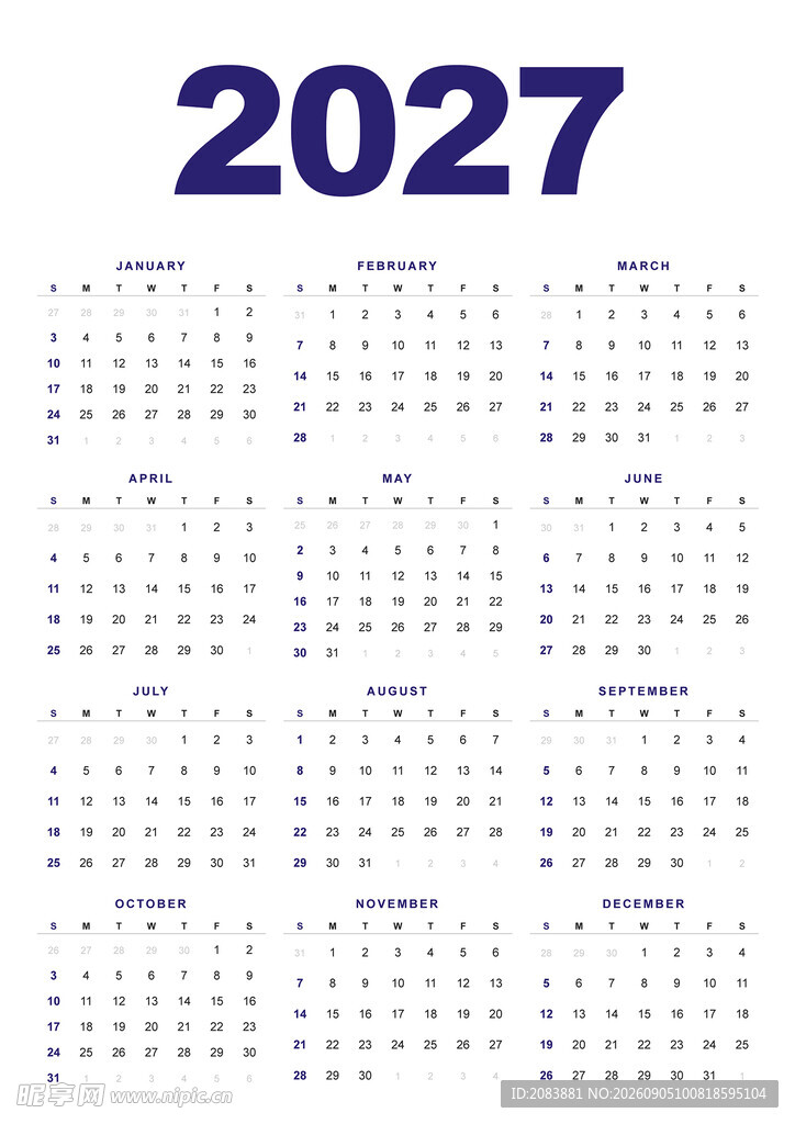 2027年日历模板