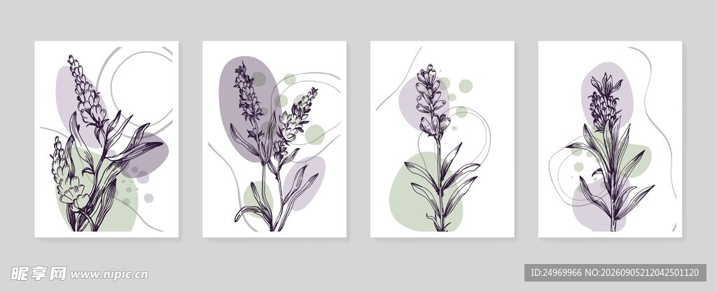 四幅紫色花卉植物插画
