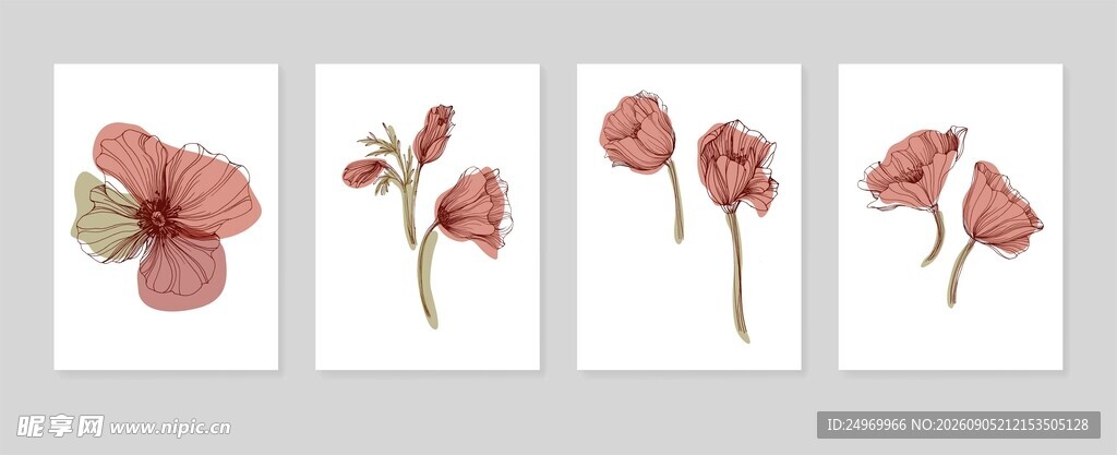 四幅简约花卉装饰画