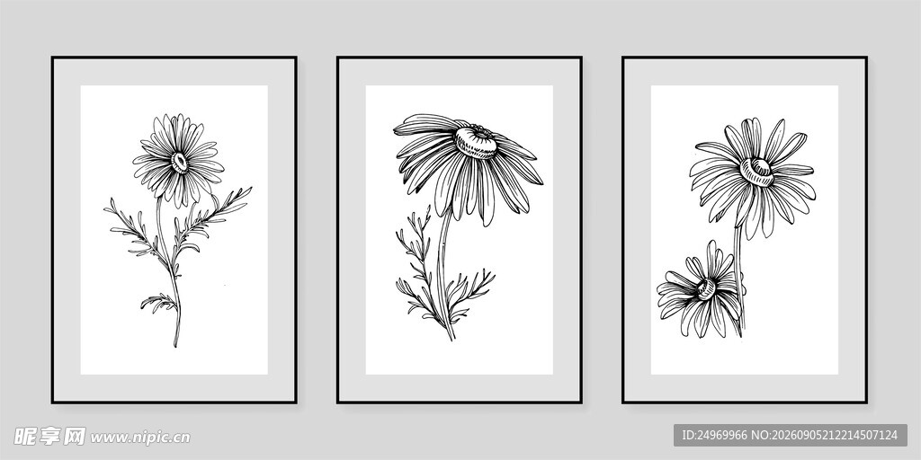 三幅简约花卉装饰画