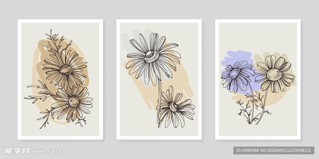 三幅手绘植物花卉画作