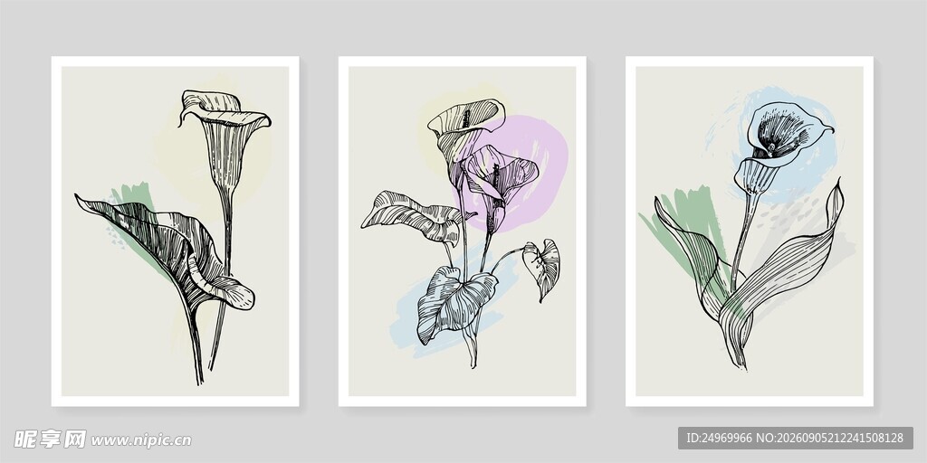 三幅手绘花卉装饰画