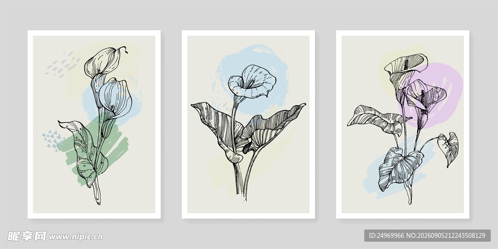 三幅手绘花卉艺术画作