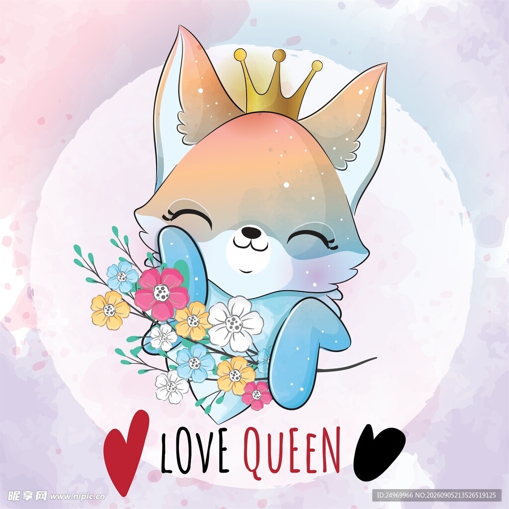 戴皇冠抱花的可爱狐狸