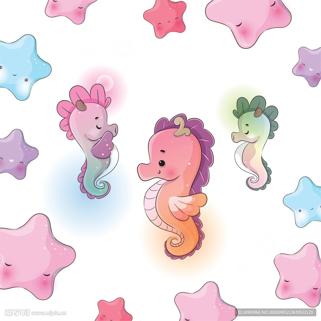 可爱海马与海星梦幻插画