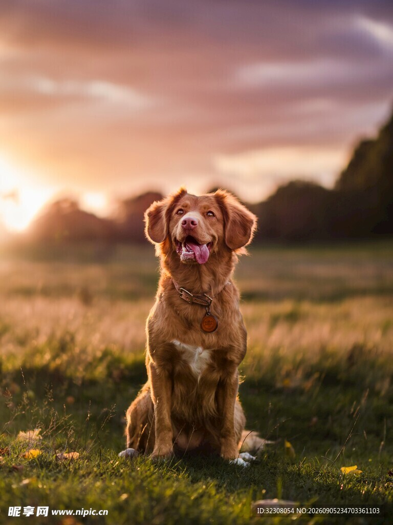 夕阳下的可爱金毛犬