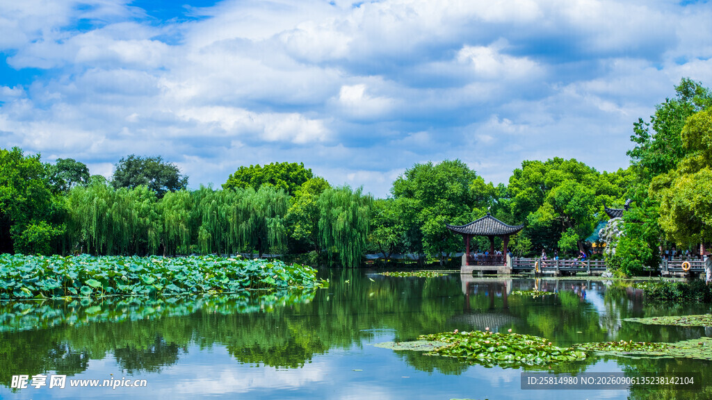 湖畔绿意盎然的中式景致