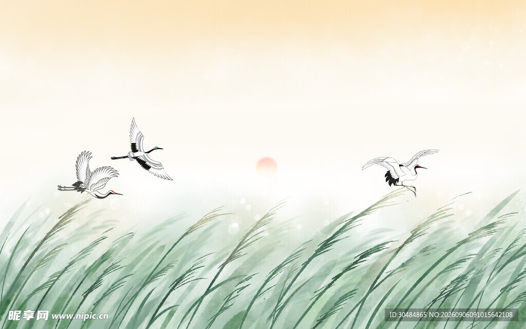 秋天湖畔飞鸟插画