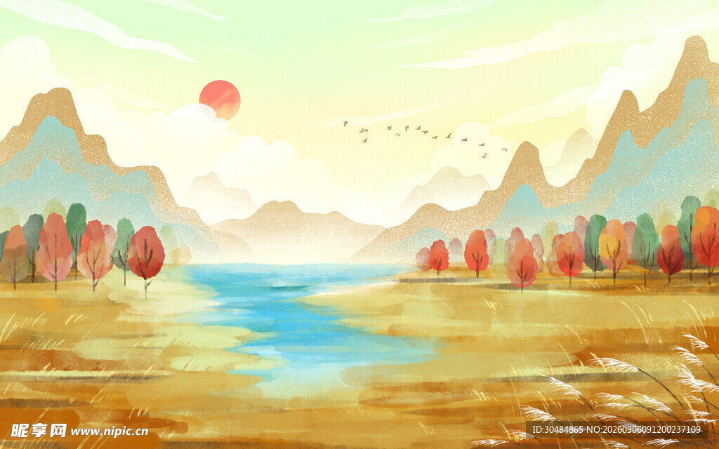 秋日山水插画