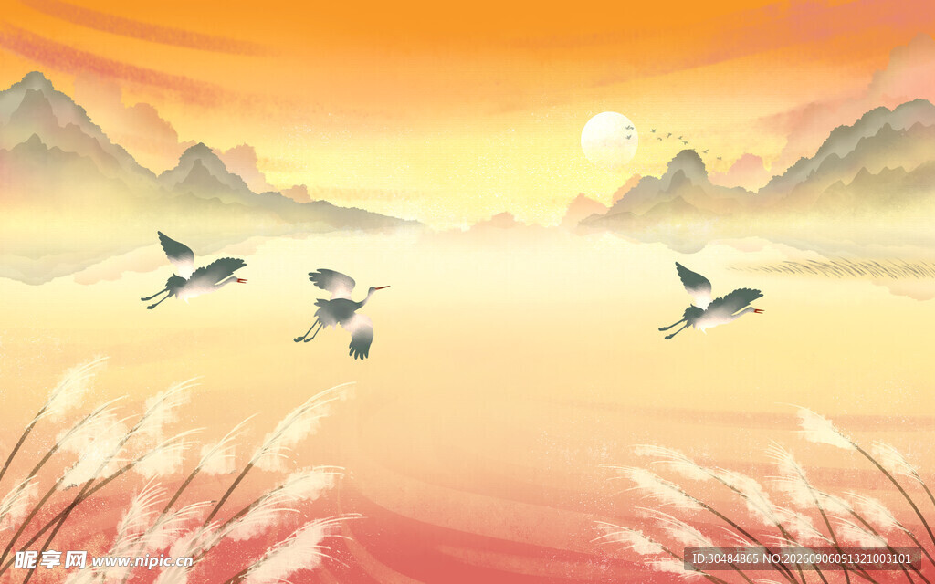 秋天夕阳飞鸟插画