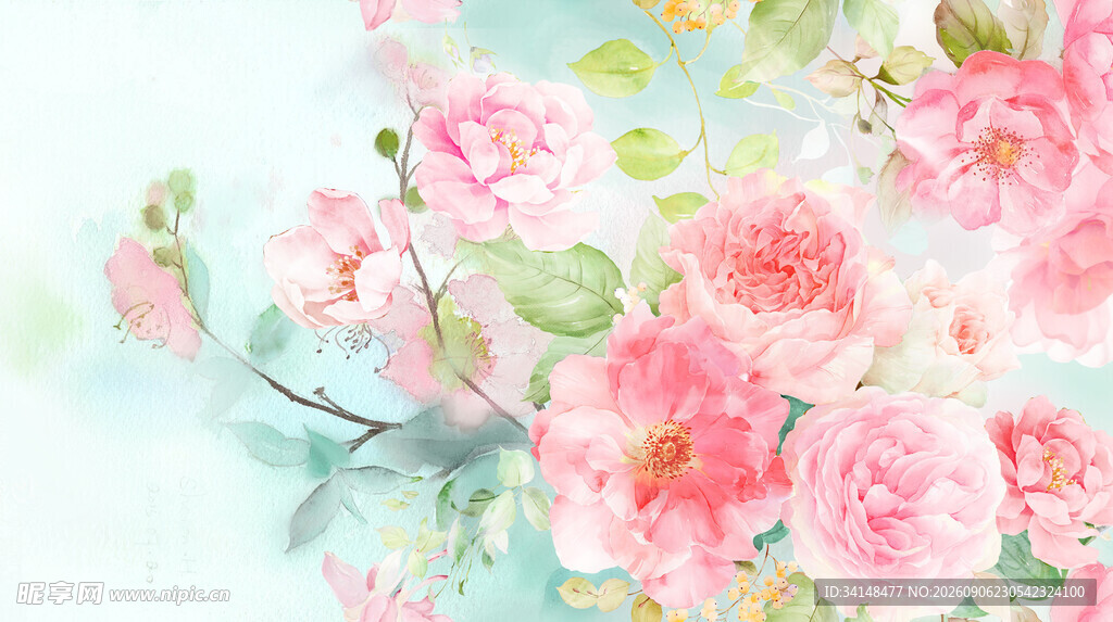 水彩风粉色花卉插画