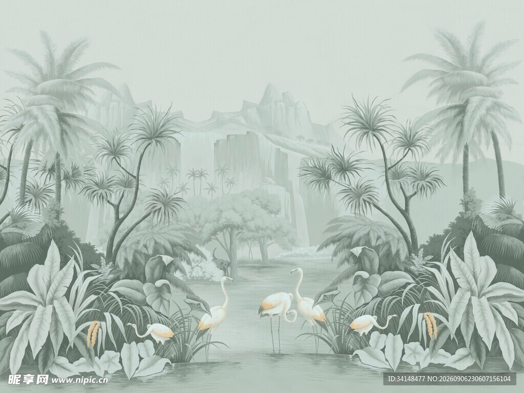 热带植物景观手绘插画