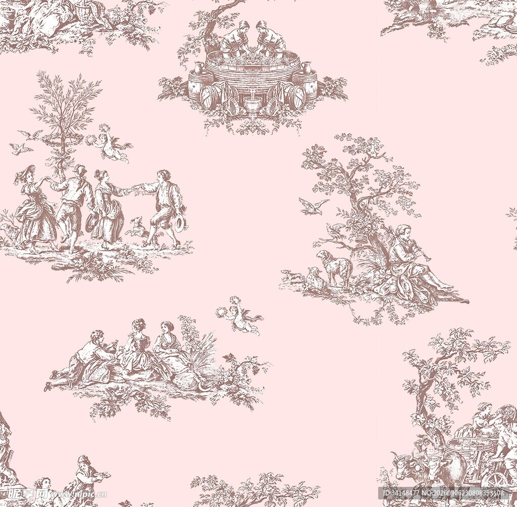 粉色背景古典人物图案