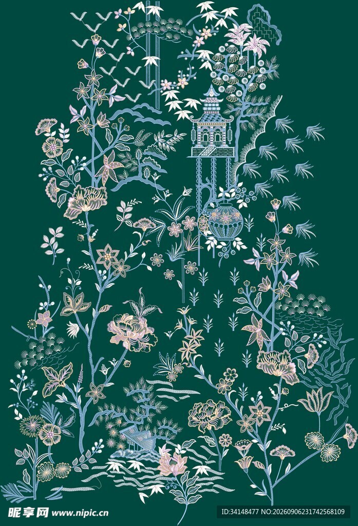 中式花卉植物线描图案