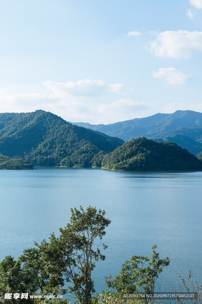 宁静湖景与远山绿意