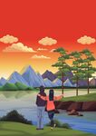 情侣山水插画