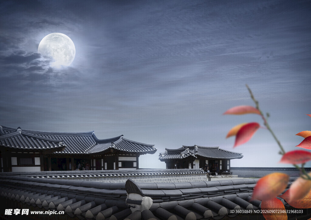 古典夜晚明月建筑分层背景