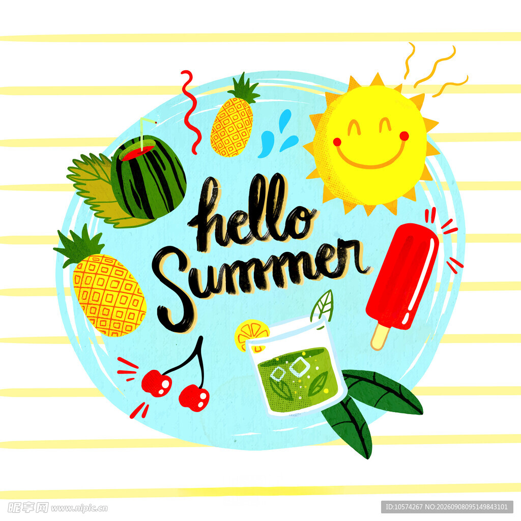 你好夏天夏日元素插画