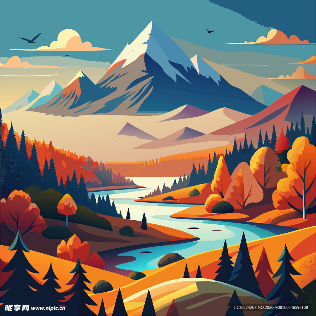 秋日山间河流壮丽美景