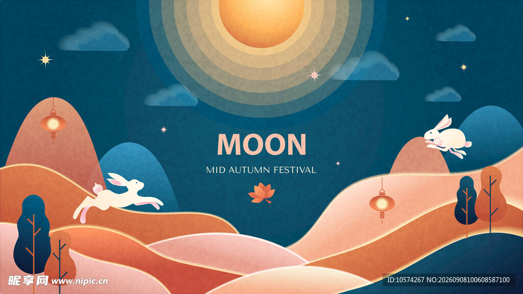 中秋月夜下的奇幻山丘与动物