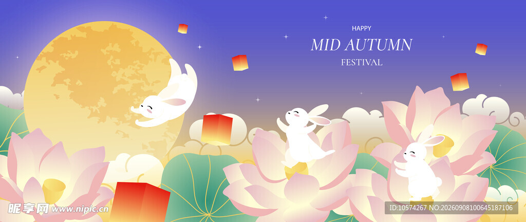 中秋节背景月夜下的梦幻花卉景观