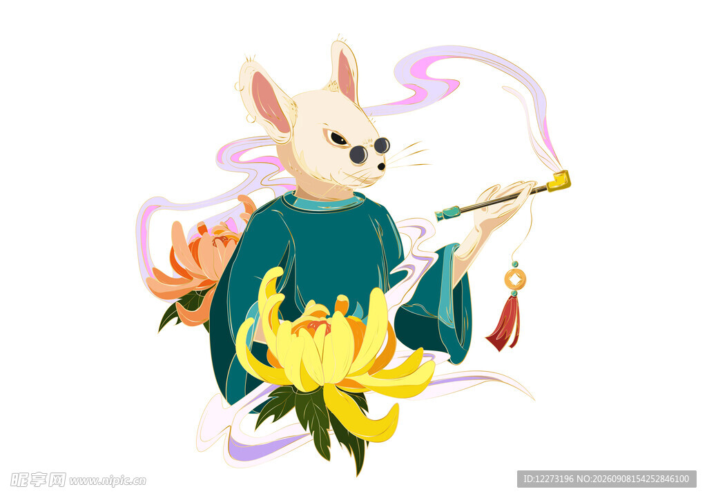 玉兔挥毫绘菊图
