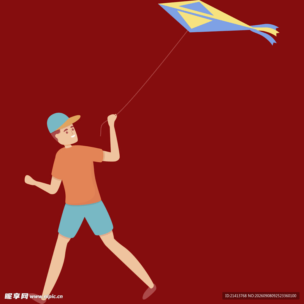 男孩欢快放风筝