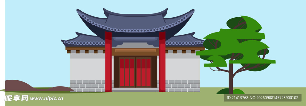中式传统建筑与绿树