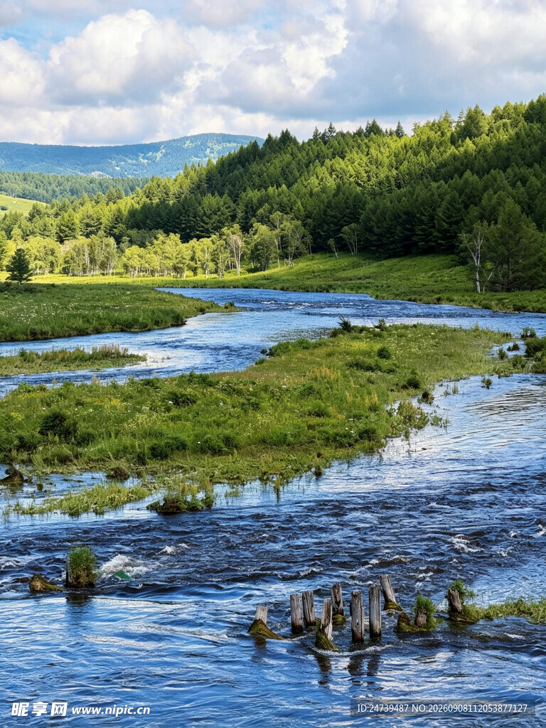 河畔人群与自然美景