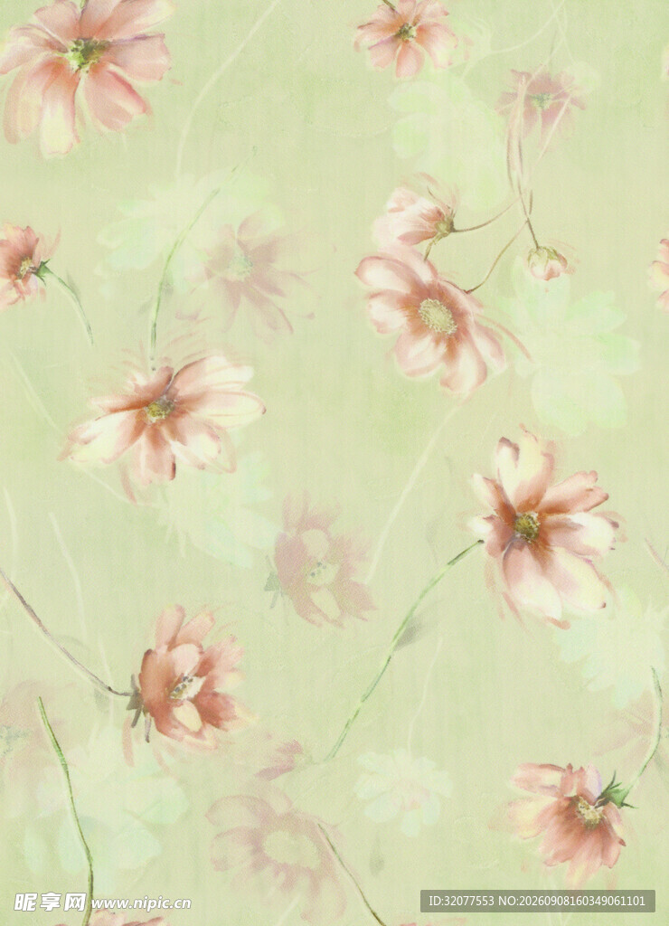 淡粉花朵绿色背景图案