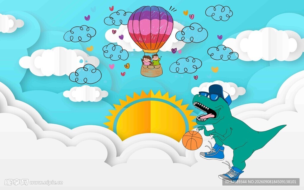 恐龙在梦幻天空场景玩耍