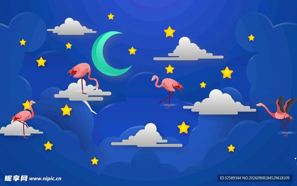 梦幻夜空下的火烈鸟与星月