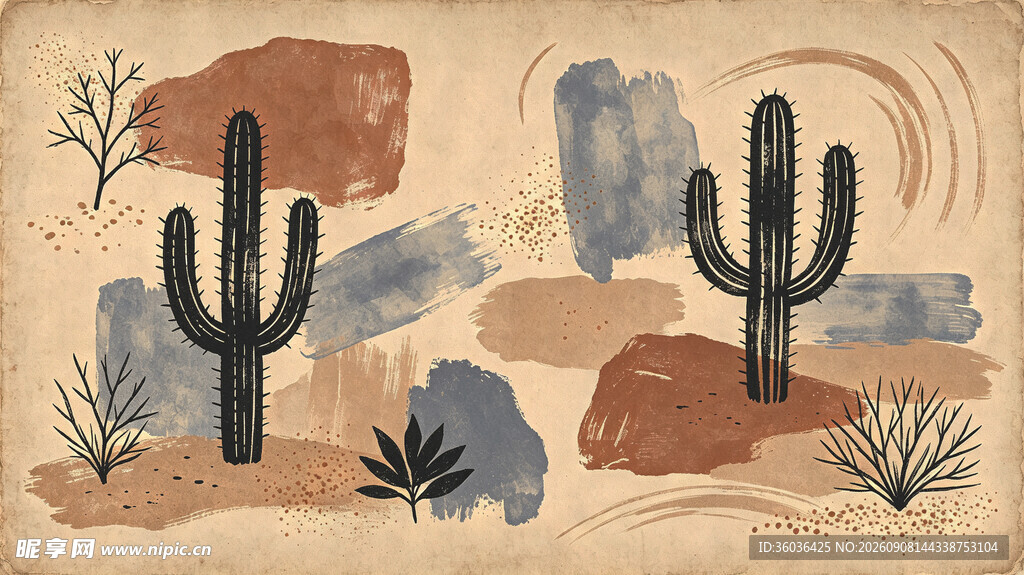 沙漠仙人掌插画艺术风格